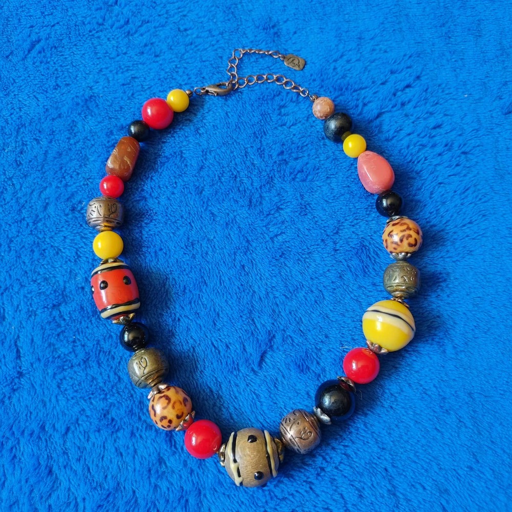 You & I Signed Chunky Babble Lampwork Glass Wood Beaded Necklace
